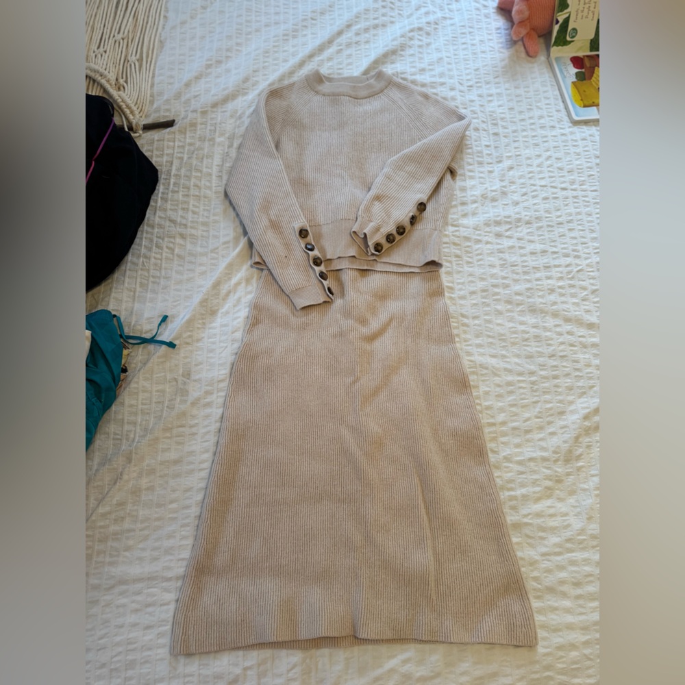 Sezane Cream Knit set with Button Detail